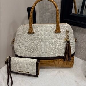 Brahmin White and Tan Crocodile Embossed Satchel